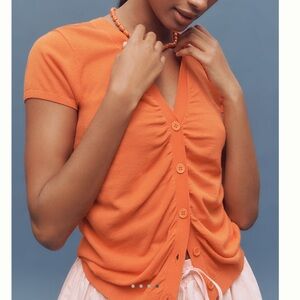 Anthropologie Cardigan Ruched Short-Sleeve V-Neck Sweater NEW Orange